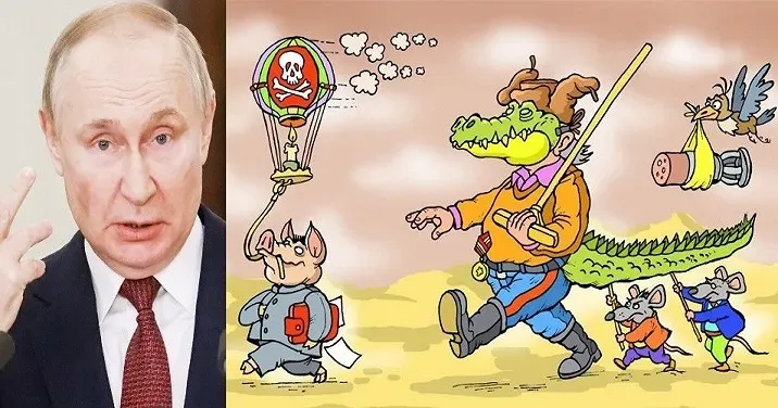 Колаж Олени Зеленіної. Карикатура Олександра Сидоренка. «Тупі як цей стіл...». Як Путін брехав, лаявся, погрожував, шантажував і знову брехав... Огляд і карикатури. Колаж Олени Зеленіної. Карикатура Олександра Сидоренка. на порталі Gromada Group