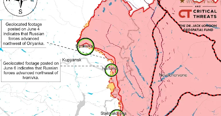 Карта ISW (June, 7. 3.00 p.m.) Російські війська проводять штурми на Куп'янському напрямку і намагються знищити переправи через Оскіл — експерти ISW на порталі Gromada Group