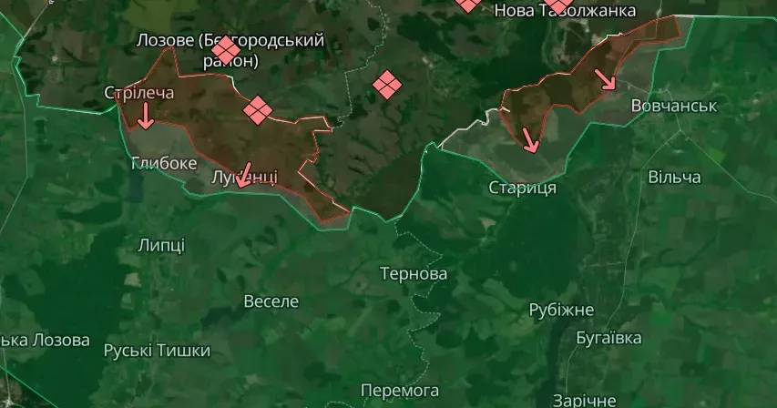Скриншот карти deepstatemap.live станом на 13.05.2024 Оперативна обстановка на північ від Харкова (аналіз Костянтина Машовця) на порталі Gromada Group