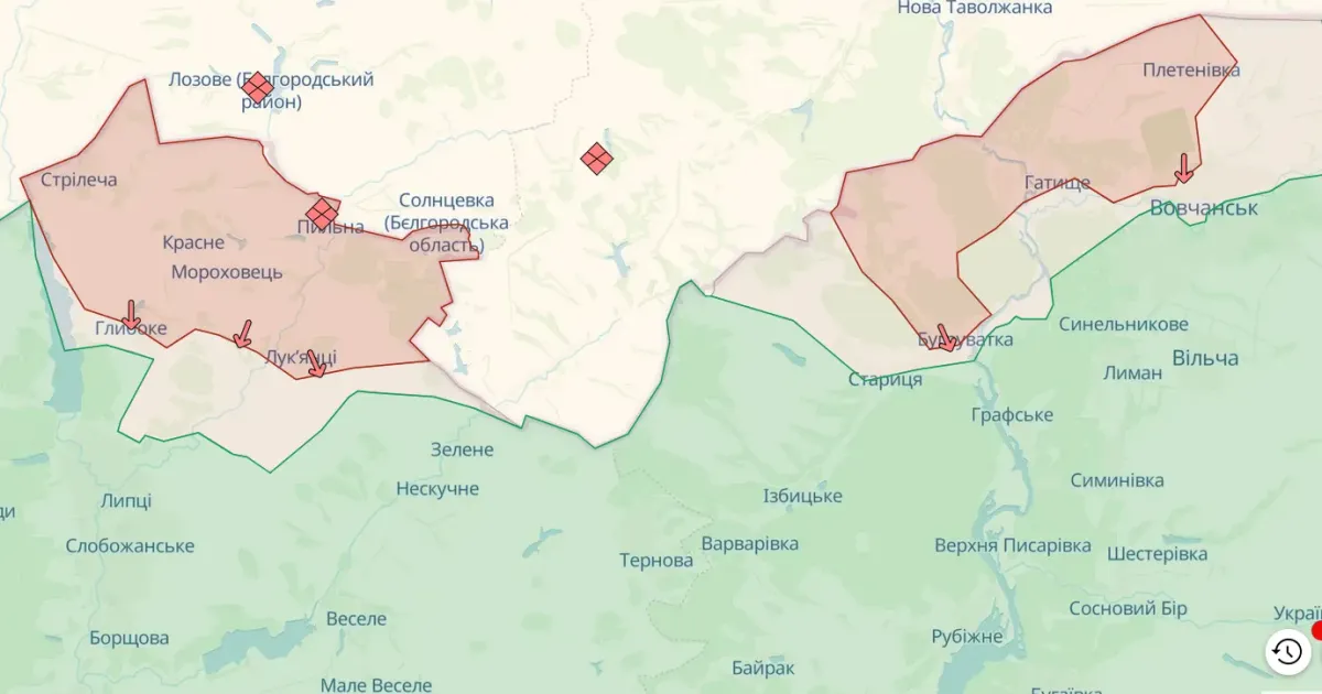 Скриншот deepstatemap.live станом на 18.05.2024 Ворог намагається просунутися у бік Липець, Бугруватки і центру Вовчанська — Костянтин Машовець на порталі Gromada Group