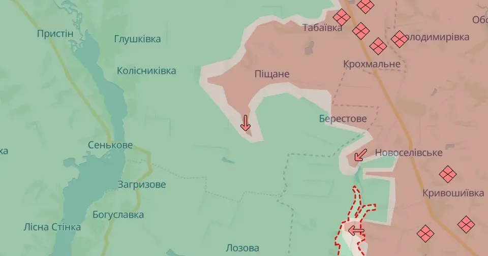 Скриншот карти DeepState станом на 30.08.2024 Просування ворога у Піщаному і Синьківці ISW не підтверджує, у центрі Стельмахівки російський триколор на порталі Gromada Group